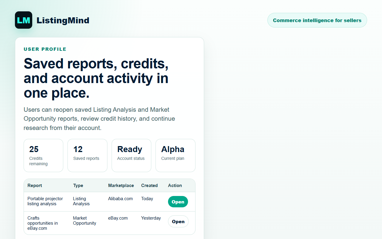 ListingMind profile page with saved reports