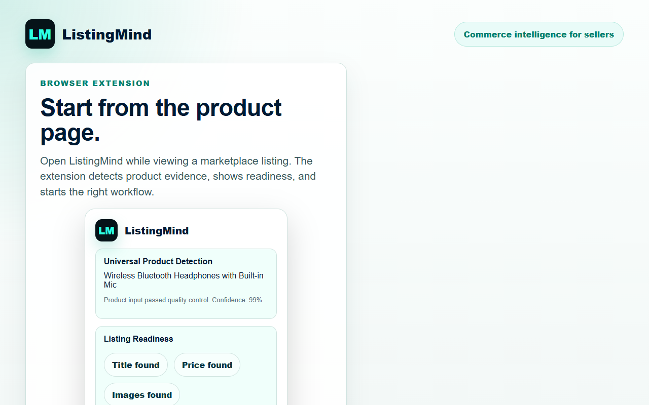 ListingMind extension popup on a product page