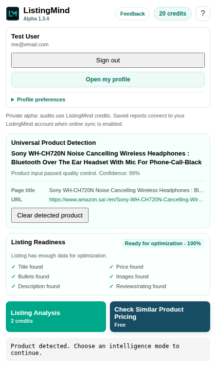 ListingMind extension popup showing a detected product, ready to run Listing Analysis or Check Similar Product Pricing